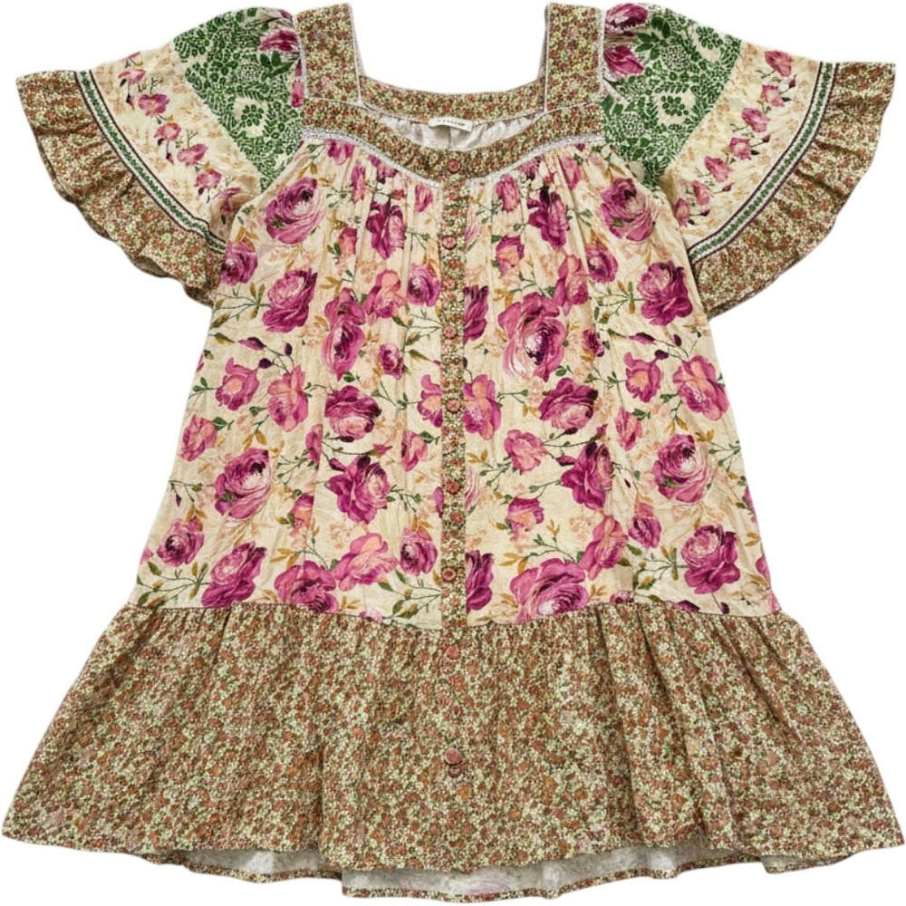 Umgee Pink Floral Patchwork Cottagecore Flutter Sleeve Short Dress Plus Sz 2XL - Picture 2 of 16